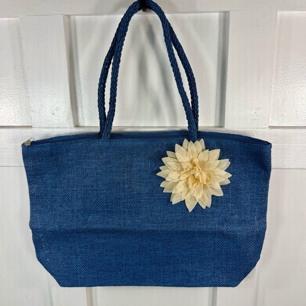 Boho Blue Jute‎ Beach Tote Bag with Flower Accent Style & Co